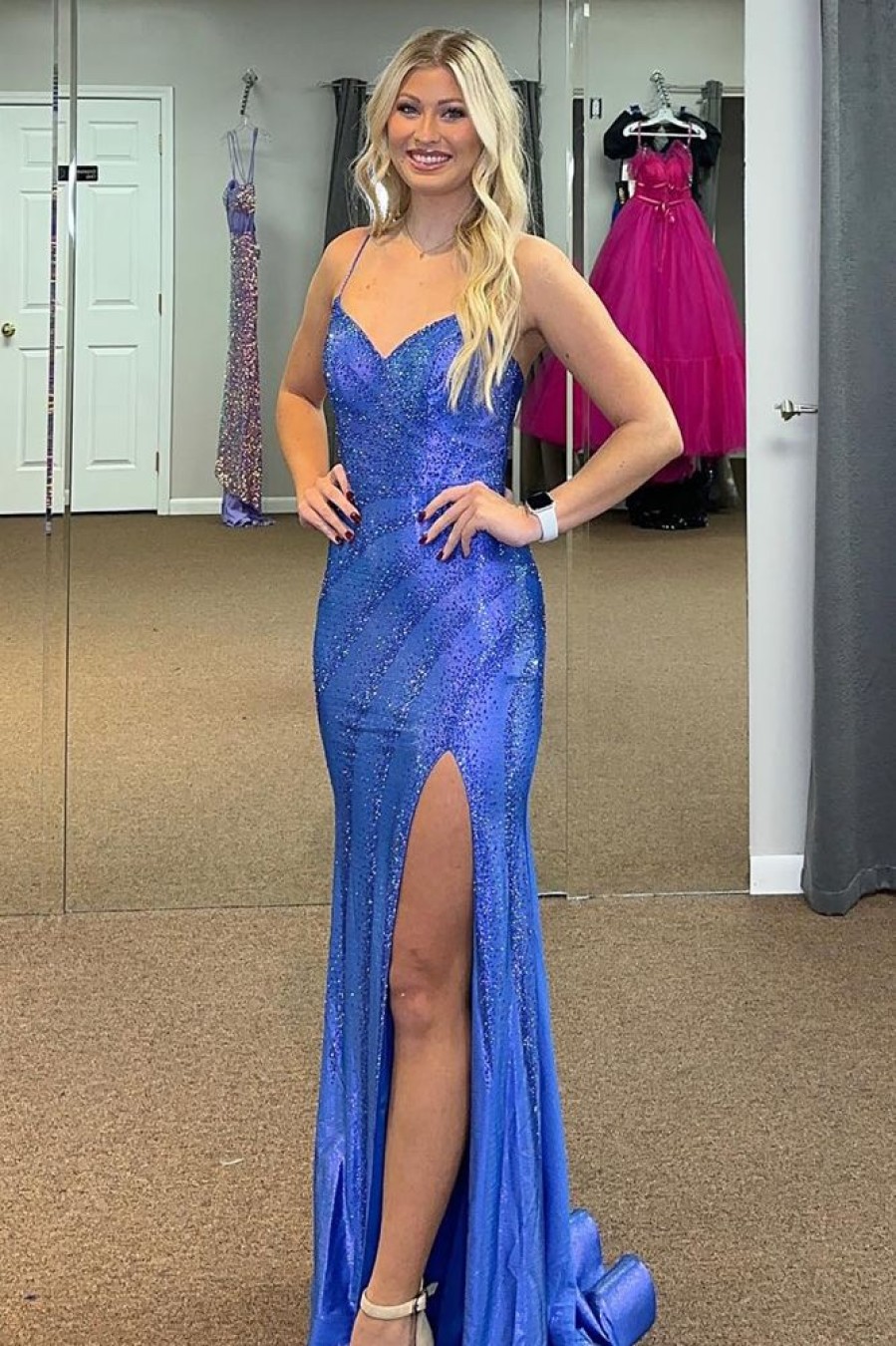 Homrain Glitter Mermaid Long Prom Dress With Slit | Blue Prom Dresses