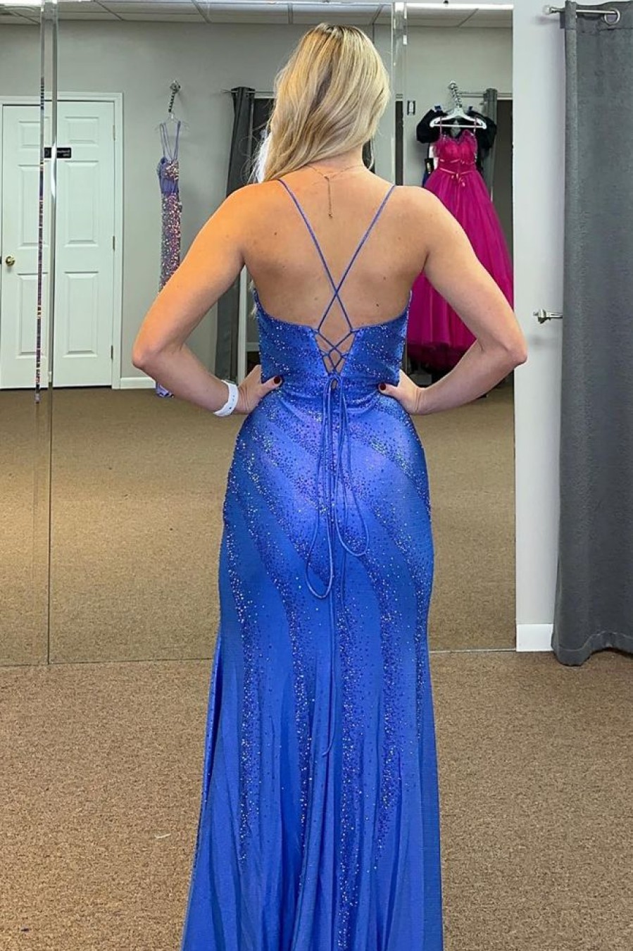 Homrain Glitter Mermaid Long Prom Dress With Slit | Blue Prom Dresses