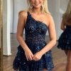 Homrain Sparkly Tie Lace One Shoulder Short Homecoming Dress | Blue Prom Dresses