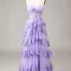 Homrain A Line Corset Tiered Long Prom Dress | Purple Prom Dresses