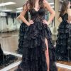 Homrain Sparkly Off The Shoulder Tiered Corset Prom Dress | Black Prom Dresses