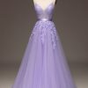 Homrain Princess Long Appliqued Prom Dress With Sash | Purple Prom Dresses