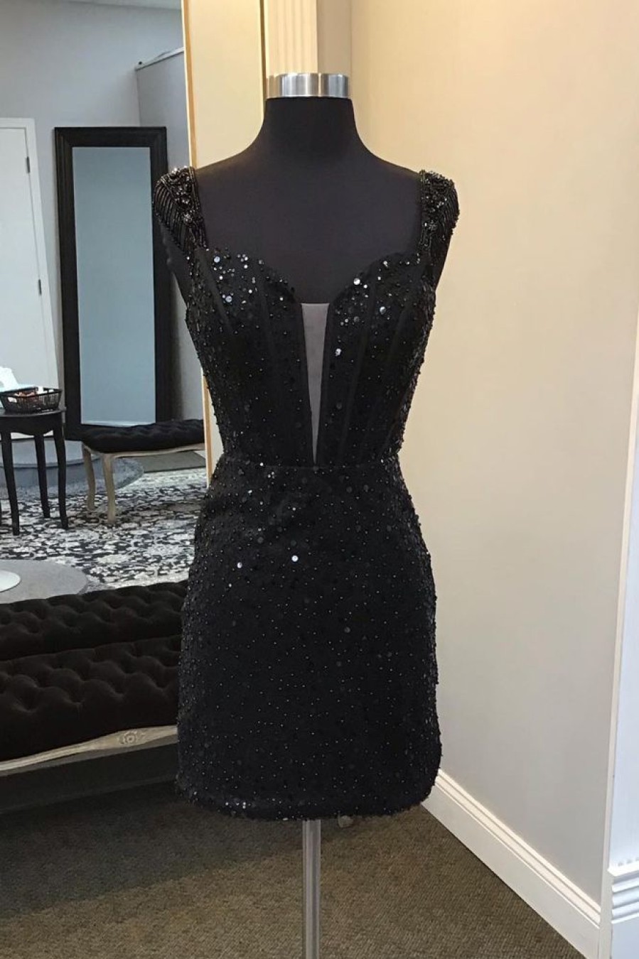 Homrain Sparkly Corset Fringed Sequin Tight Short Homecoming Dress | Black Hoco Dresses