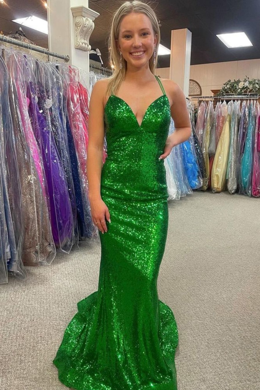 Homrain Mermaid Halter Sequins Long Prom Dress With Backless | Green Prom Dresses