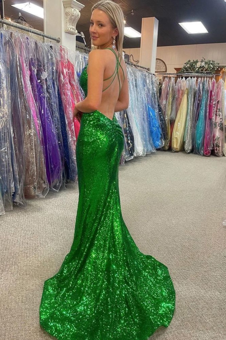 Homrain Mermaid Halter Sequins Long Prom Dress With Backless | Green Prom Dresses