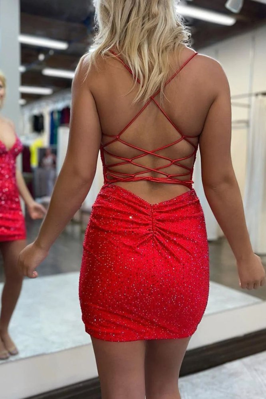 Homrain Sparkly Spaghetti Straps Beaded Backless Tight Homecoming Dress | Red Hoco Dresses