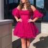 Homrain Corset Puff Sleeves A-Line Short Tulle Homecoming Dress With Ruffles | Hot Pink Hoco Dresses