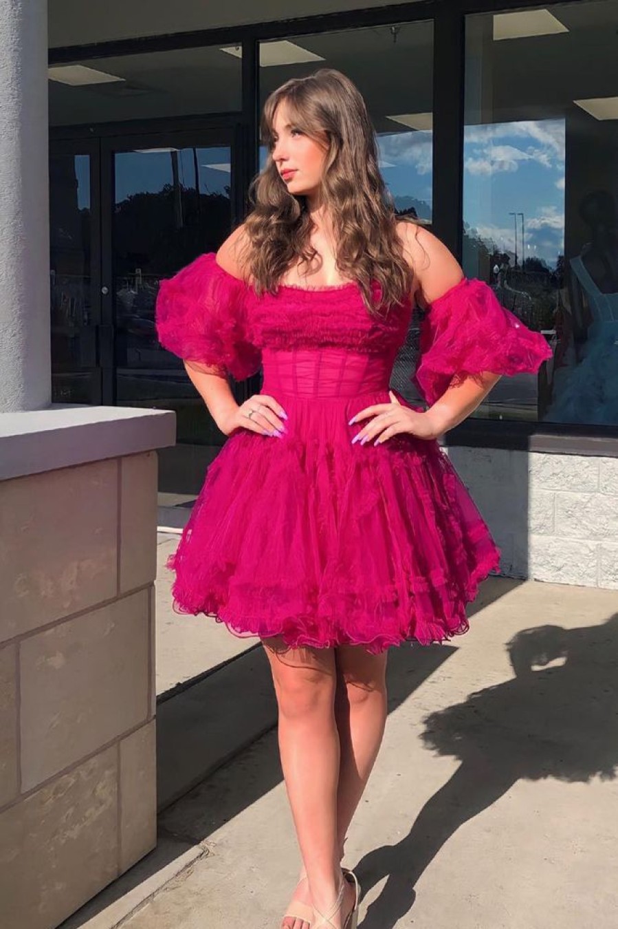 Homrain Corset Puff Sleeves A-Line Short Tulle Homecoming Dress With Ruffles | Hot Pink Hoco Dresses