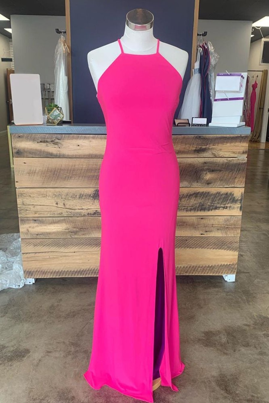 Homrain Sheath Halter Hot Pink Long Prom Dress With Silt | Hot Pink Prom Dresses