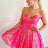 Homrain Sparkly Hot Pink Sequin Sweetheart A-Line Short Homecoming Dress | Hot Pink Hoco Dresses