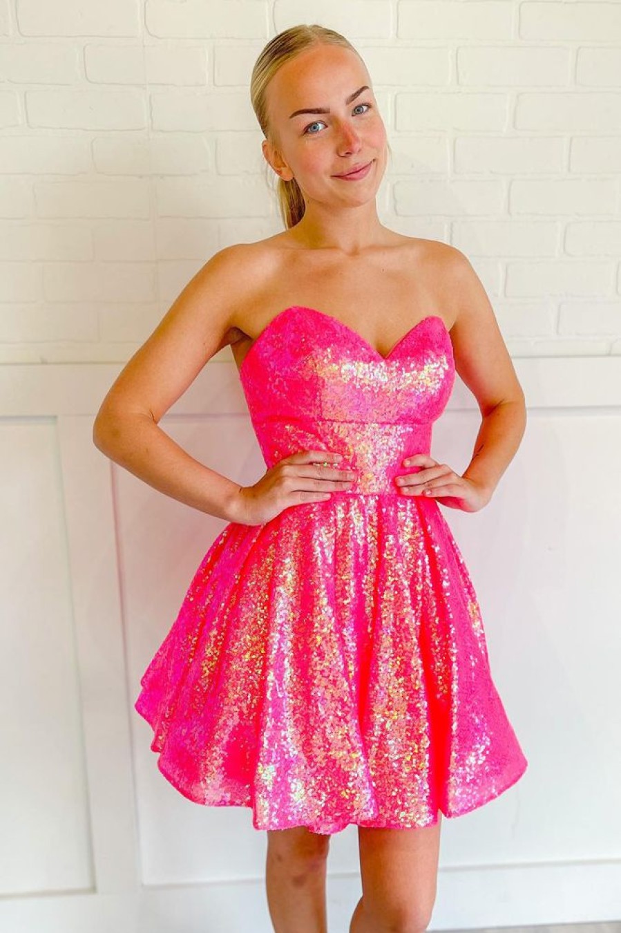 Homrain Sparkly Hot Pink Sequin Sweetheart A-Line Short Homecoming Dress | Hot Pink Hoco Dresses