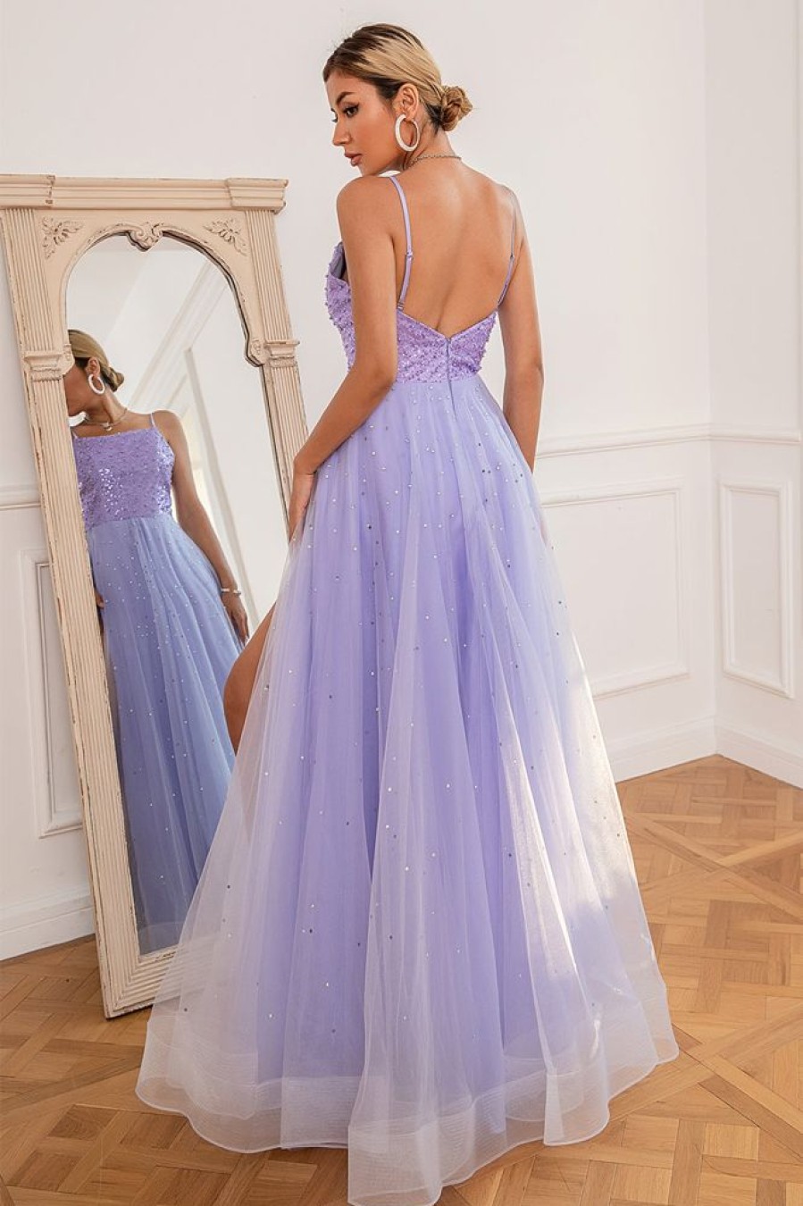 Homrain Light Purple Sequins Prom Dress With Slit | Purple Prom Dresses