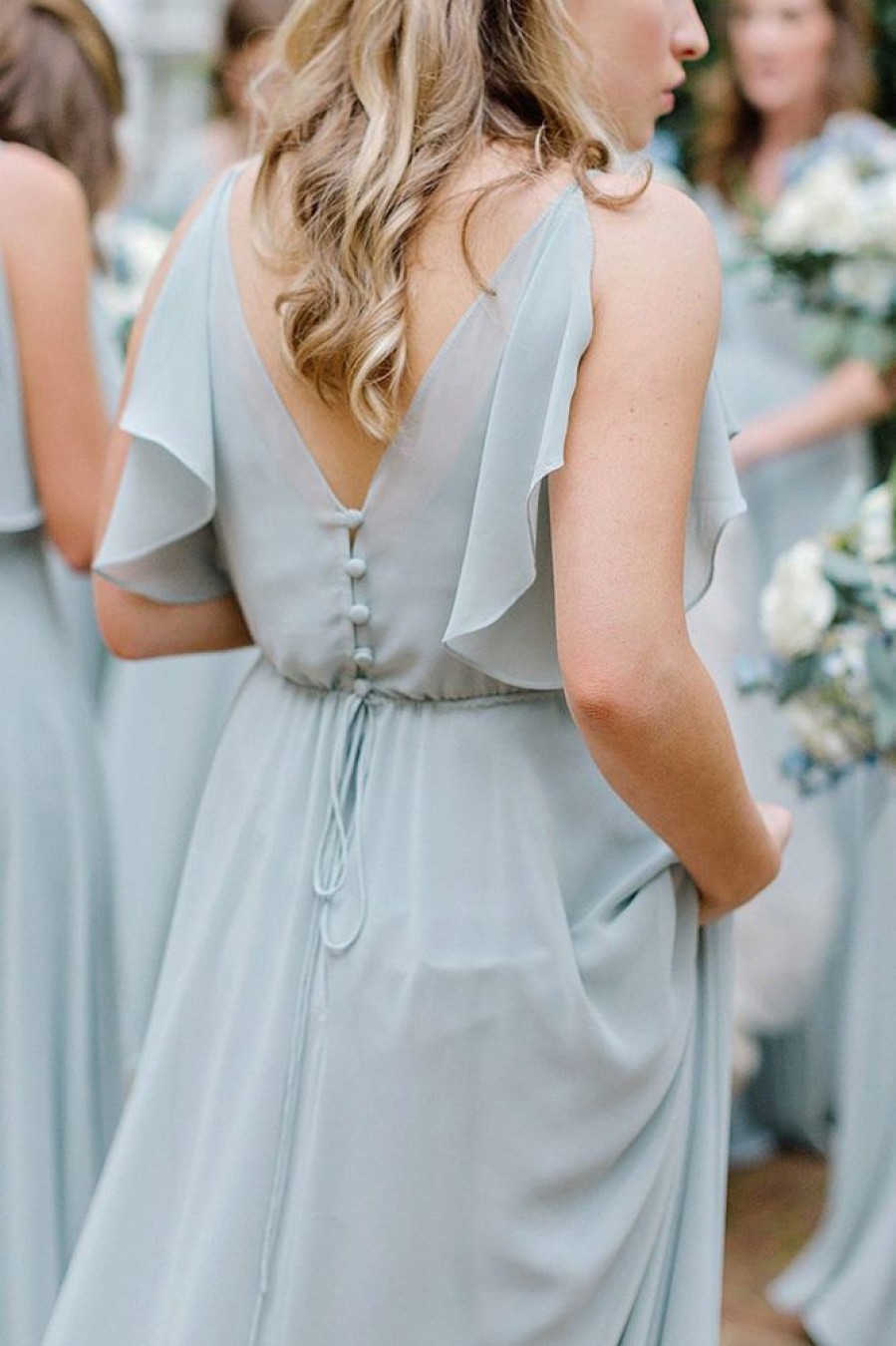 Homrain A-Line Long Chiffon Bridesmaid Dress With Ruffles | Sage Green Bridesmaid Dress