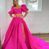 Homrain Hot Pink A-Line Short Sleeves Long Prom Dress With Slit | Hot Pink Prom Dresses