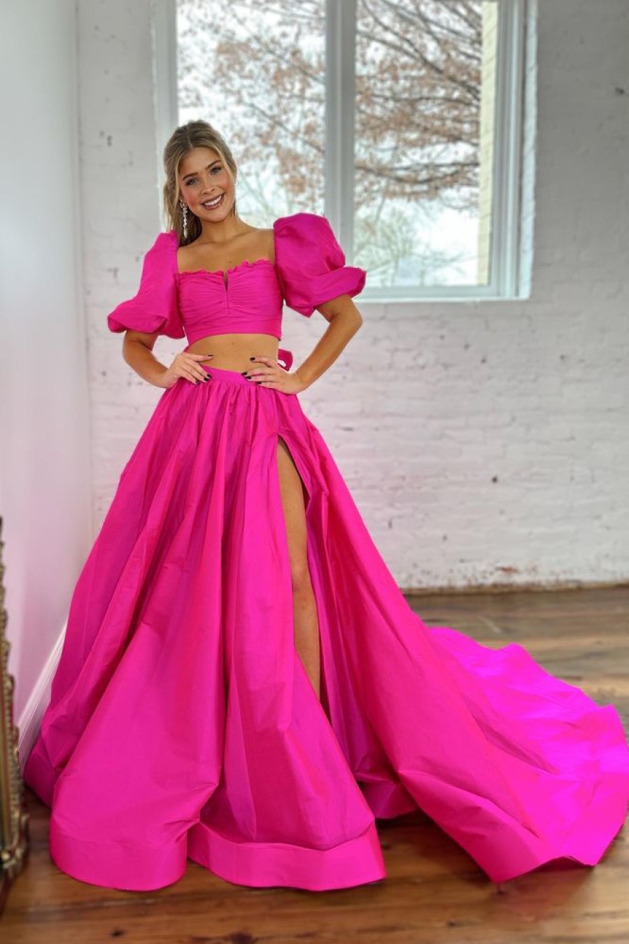 Homrain Hot Pink A-Line Short Sleeves Long Prom Dress With Slit | Hot Pink Prom Dresses