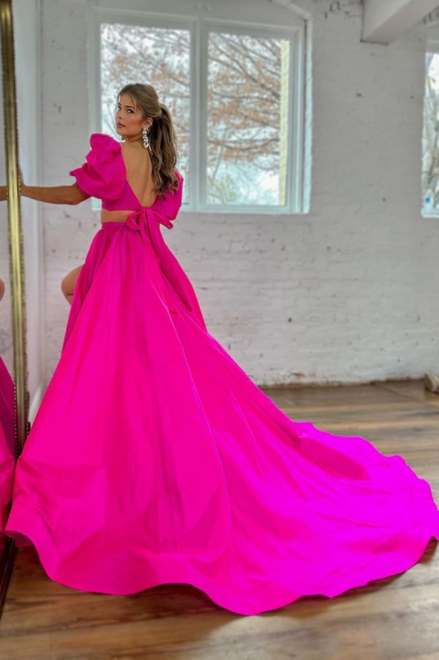 Homrain Hot Pink A-Line Short Sleeves Long Prom Dress With Slit | Hot Pink Prom Dresses