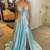 Homrain V-Neck Long Prom Dress With Criss Cross Back | Blue Prom Dresses