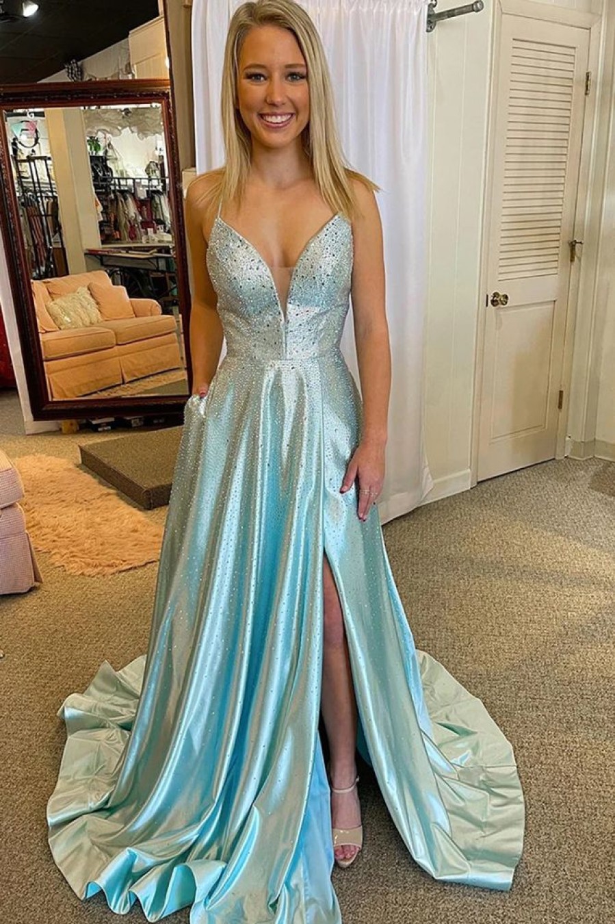 Homrain V-Neck Long Prom Dress With Criss Cross Back | Blue Prom Dresses