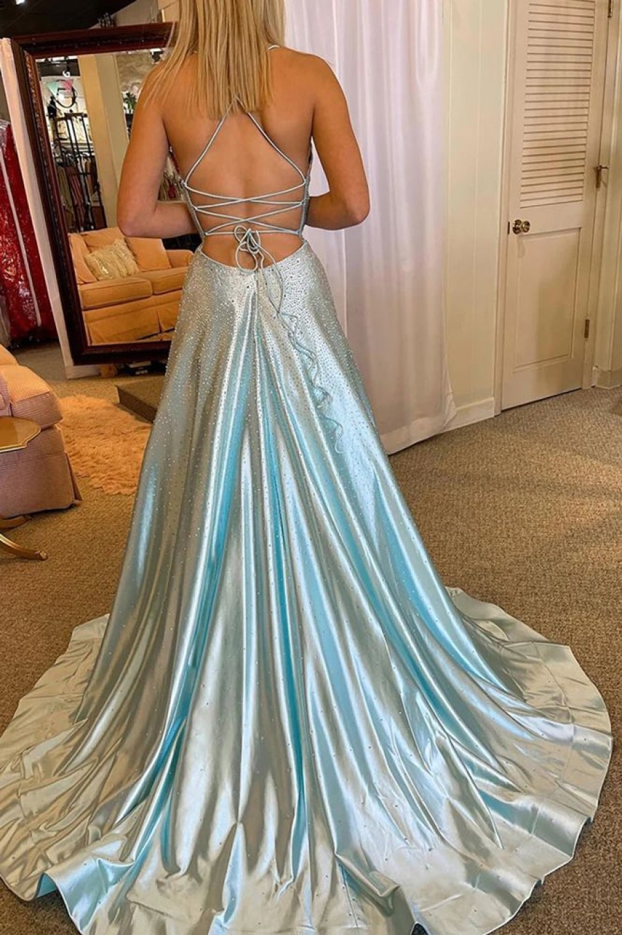 Homrain V-Neck Long Prom Dress With Criss Cross Back | Blue Prom Dresses