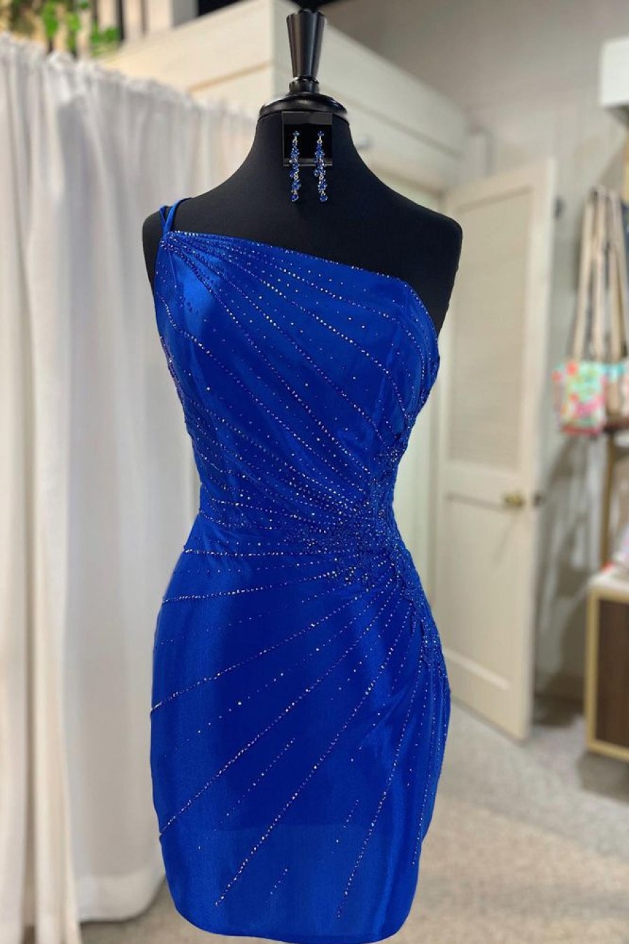 Homrain Sparkly Sequined One Shoulder Tight Short Homecoming Dress With Appliques | Blue Hoco Dresses