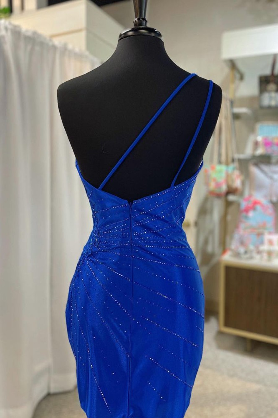 Homrain Sparkly Sequined One Shoulder Tight Short Homecoming Dress With Appliques | Blue Hoco Dresses