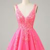 Homrain Sequined V Neck Backless Short Homecoming Dress | Hot Pink Hoco Dresses