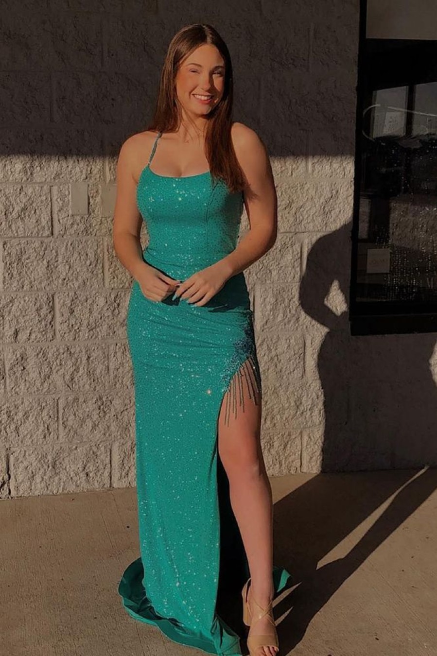 Homrain Mermaid Sparkly Sequins Long Prom Dress With Tassel | Green Prom Dresses