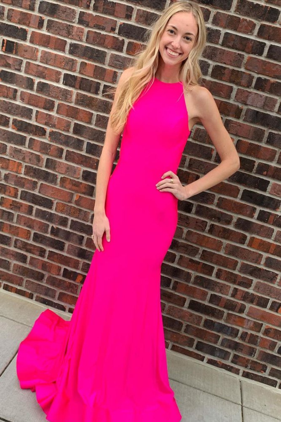 Homrain Halter Keyhole Mermaid Long Prom Dress | Hot Pink Prom Dresses