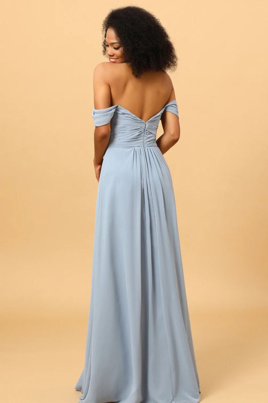 Homrain Off Shoulder Chiffon Blue Bridesmaid Dress With Slit | Wedding Guest Dresses