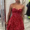 Homrain A-Line Sweetheart Sequins Short Homecoming Dress With Pockets | Red Hoco Dresses