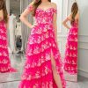 Homrain Sparkly A Line Long Tiered Corset Prom Dress With Lace | Hot Pink Prom Dresses