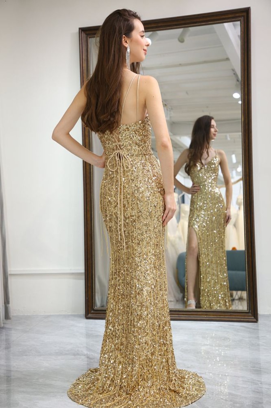 Homrain Glitter Mermaid Backless Long Prom Dress With Slit | Gold Prom Dresses