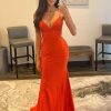 Homrain Spaghetti Straps Long Prom Dress With Criss Cross Back | Orange Prom Dresses