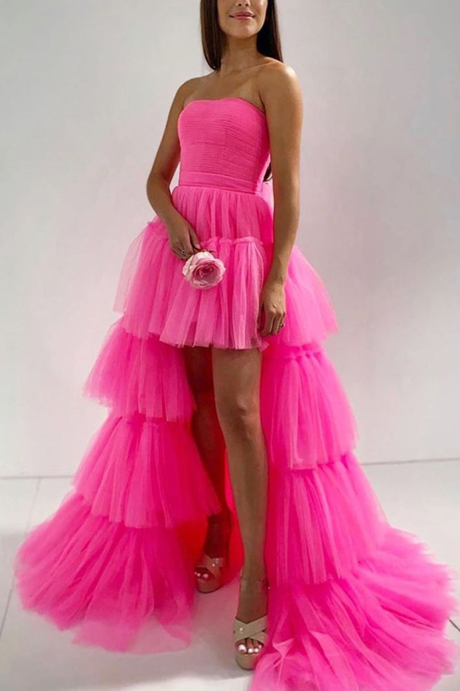 Homrain A-Line High Low Strapless Homecoming Dress With Ruffles | Hot Pink Prom Dresses