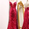 Homrain Sparkly Sequins Mermaid Long Prom Dress With Slit | Hot Pink Prom Dresses