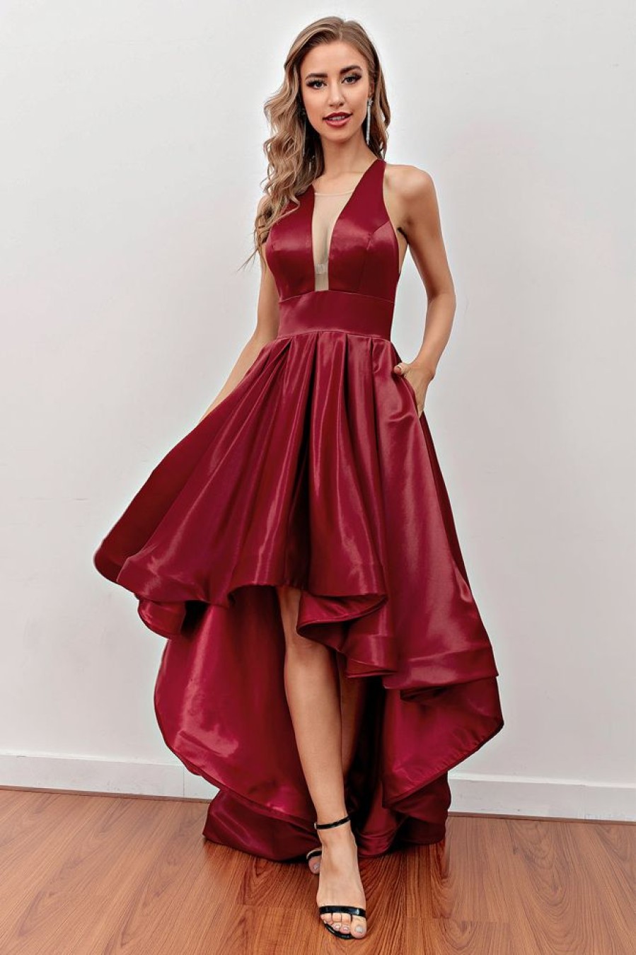 Homrain High Low Prom Dress With Pockets | Red Prom Dresses