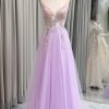 Homrain Tulle A Line Appliques Long Prom Dress With Slit | Purple Prom Dresses