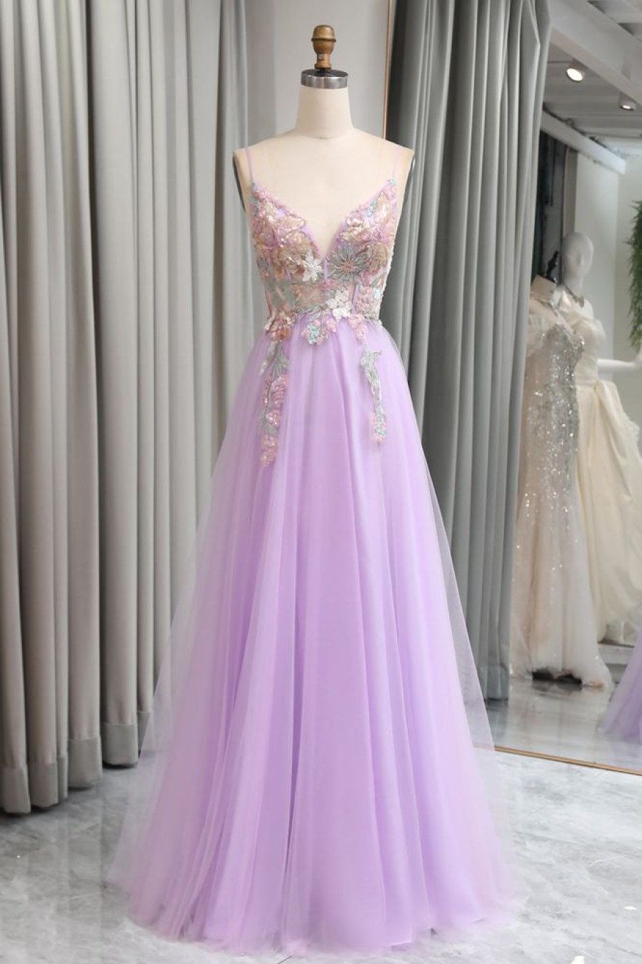 Homrain Tulle A Line Appliques Long Prom Dress With Slit | Purple Prom Dresses