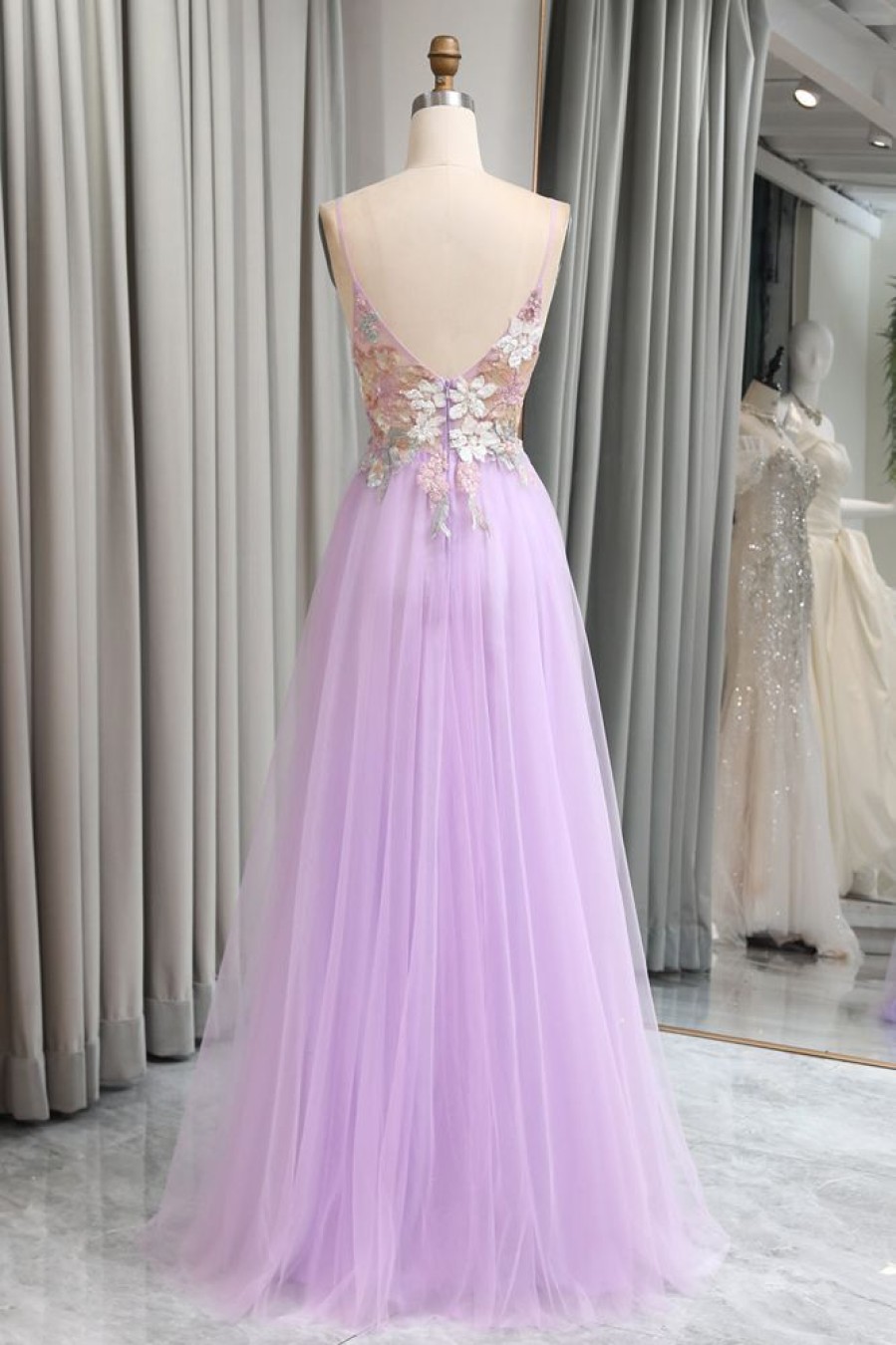 Homrain Tulle A Line Appliques Long Prom Dress With Slit | Purple Prom Dresses