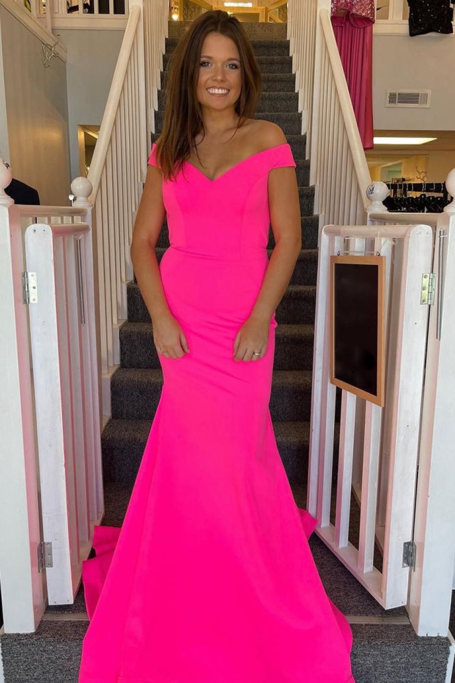 Homrain Hot Pink Satin Mermaid Prom Dress With Hollow-Out Back | Hot Pink Prom Dresses