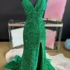 Homrain Sparkly Emerald Mermaid Long Sequins Prom Dress With Slit | Green Prom Dresses