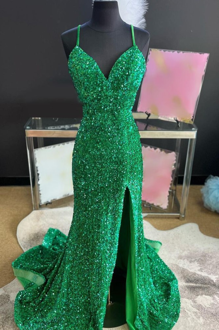 Homrain Sparkly Emerald Mermaid Long Sequins Prom Dress With Slit | Green Prom Dresses