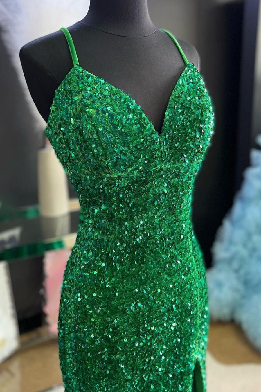 Homrain Sparkly Emerald Mermaid Long Sequins Prom Dress With Slit | Green Prom Dresses