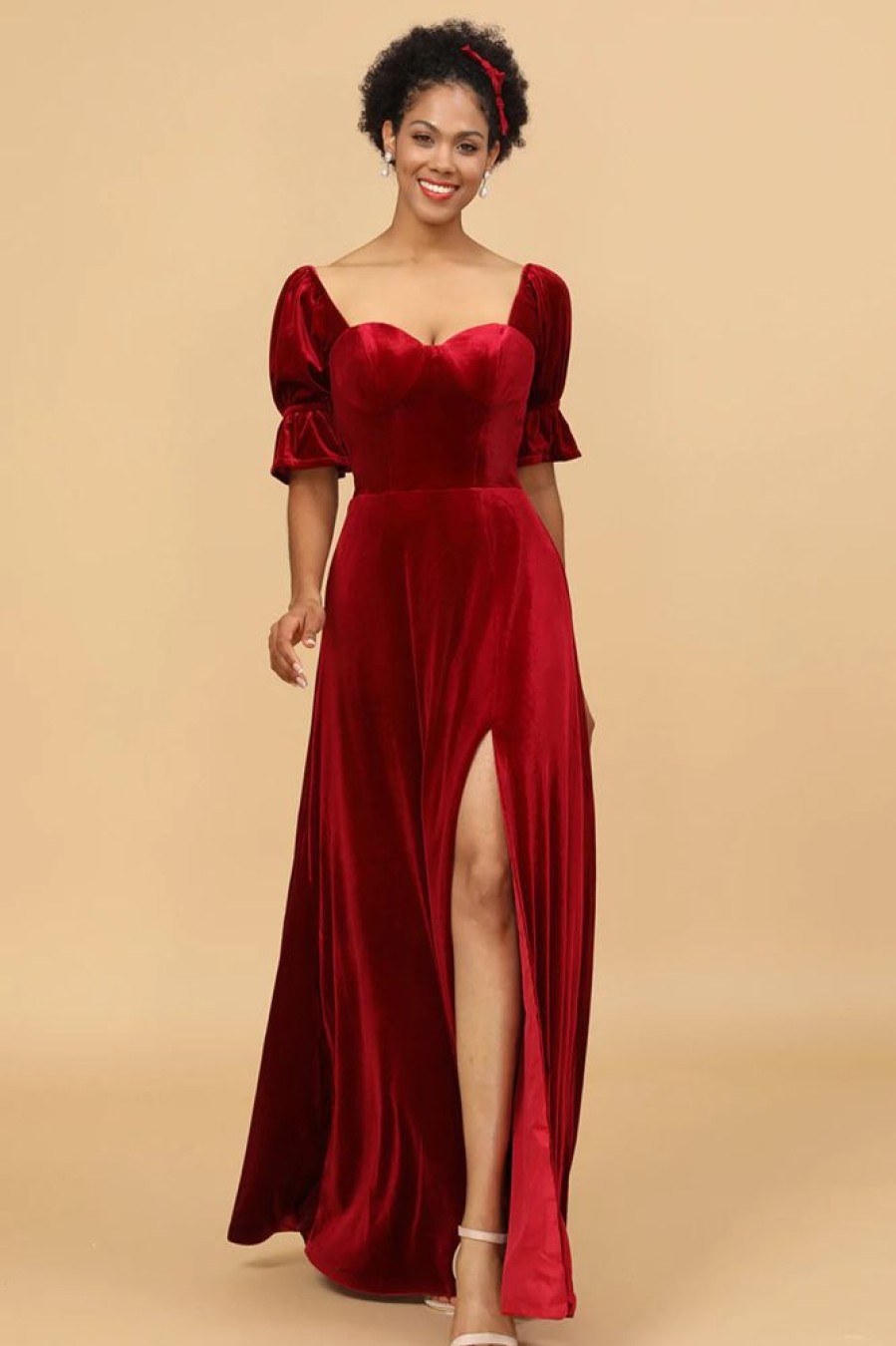 Homrain Velvet Half Sleeves Bridesmaid Dress With Slit | Bridesmaid Dress Under 100