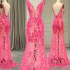 Homrain Sparkly Mermaid V Neck Long Prom Dress With Sequined Appliques | Hot Pink Prom Dresses