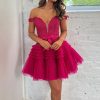 Homrain Sparkly Tiered A-Line Tulle Short Homecoming Dress With Lace | Hot Pink Hoco Dresses