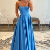 Homrain A-Line Spaghetti Straps Simple Prom Dress With Pockets | Blue Prom Dresses