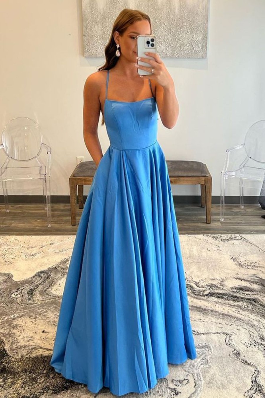 Homrain A-Line Spaghetti Straps Simple Prom Dress With Pockets | Blue Prom Dresses