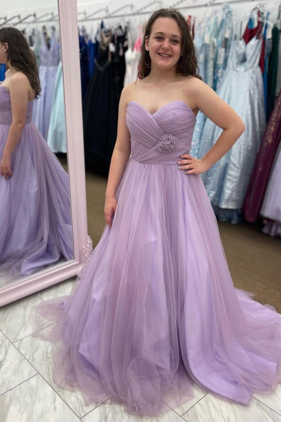 Homrain Lavender Tulle A Line Prom Dress With Ruffles | Purple Prom Dresses