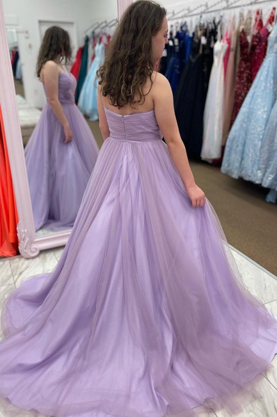 Homrain Lavender Tulle A Line Prom Dress With Ruffles | Purple Prom Dresses